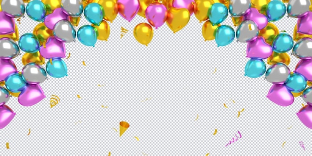 PSD 3d-goldene und bunte luftballons, die mit konfetti schweben, isoliert für alles gute zum geburtstag, mockup-hintergrund