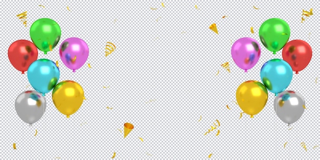 3D goldene und rosafarbene Luftballons, die mit Konfetti schweben, isoliert für alles Gute zum Geburtstag, Mockup-Hintergrund