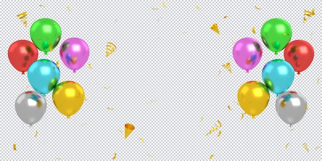 3d goldene und rosafarbene luftballons, die mit konfetti schweben, isoliert für alles gute zum geburtstag, mockup-hintergrund