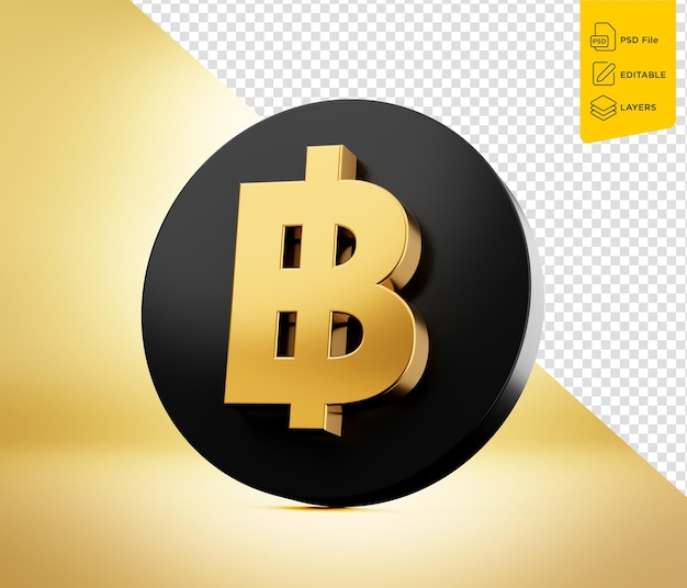 3d goldener glänzender Baht mit 3d abgerundetem schwarzen Münz-Ikonen, isoliert auf goldenem Hintergrund 3d-Illustration