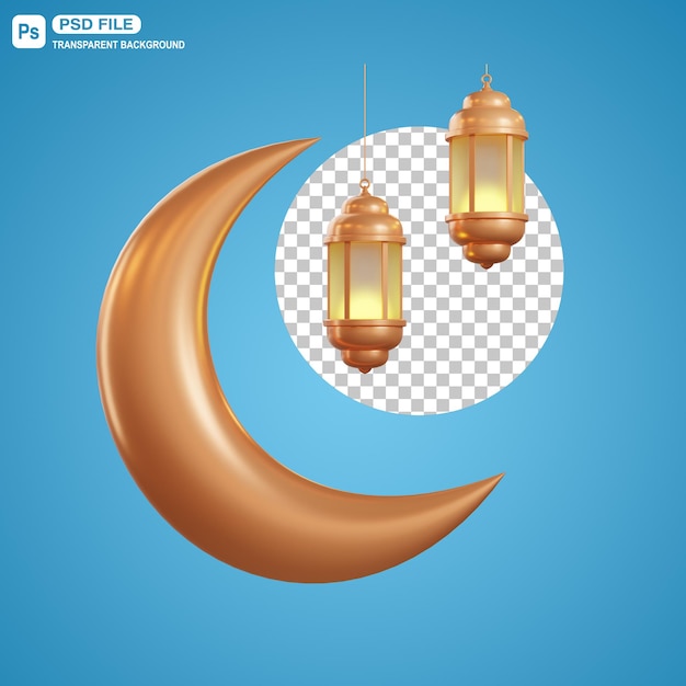 3D Goldener Mond und islamische Laternenillustration