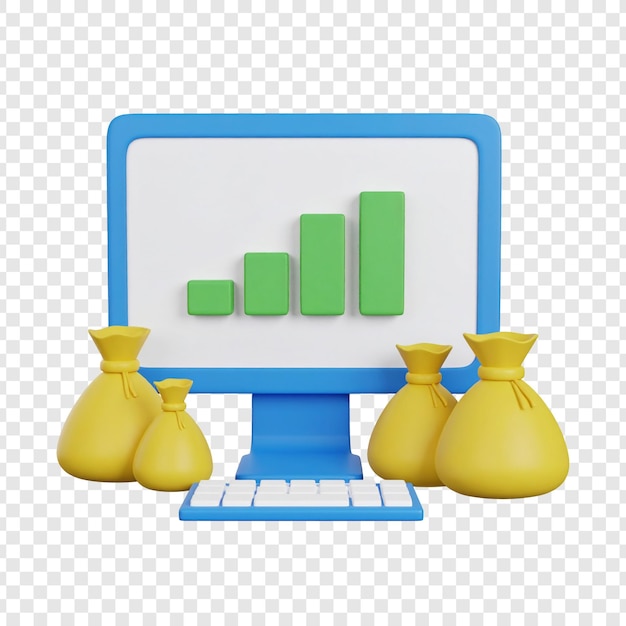 3d grafico di monitor di computer con grafico a barre in crescita e sacchetti di denaro che rappresentano la crescita finanziaria