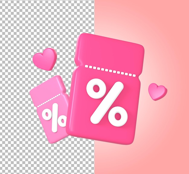 3d gran cupón de descuento promocional o código de cupón con ilustración de icono de amor