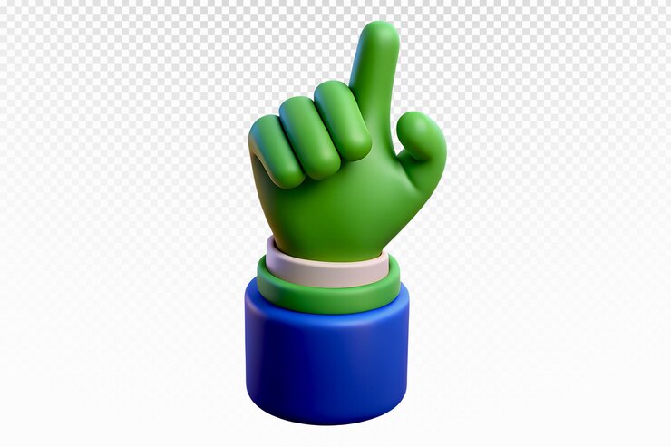PSD 3d green cartoon hand pointing up with blue sleeve on transparent background