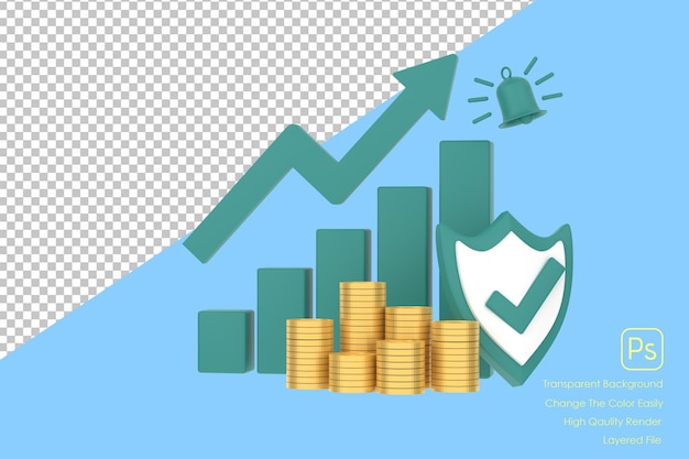 3D grün steigender Pfeil Gewinnbalkendiagramm und Schild mit mehreren Anordnungen von Münzen