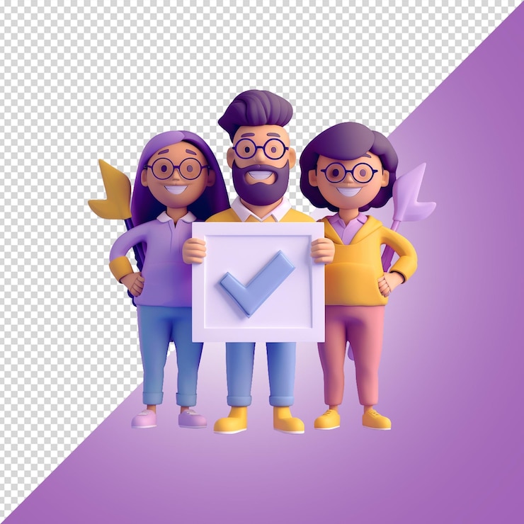 PSD 3d-gruppe-team mit checkmark-symbol-vektor isoliert auf lila hintergrund