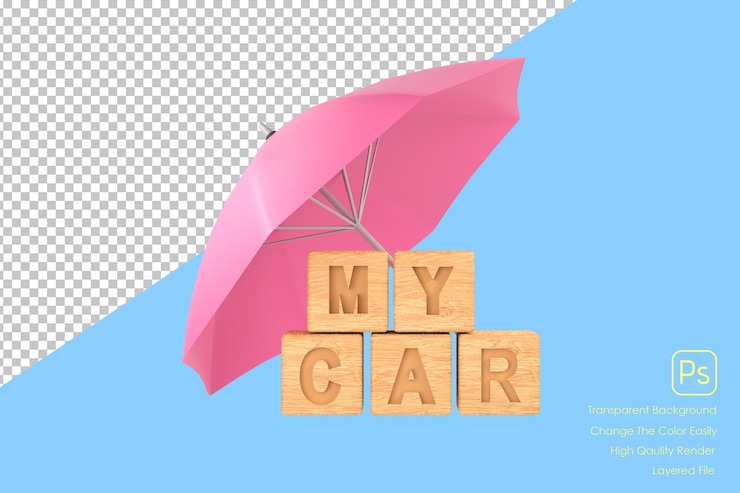 PSD 3d guarda-chuva rosa protegendo o carro para o conceito de seguro de carro