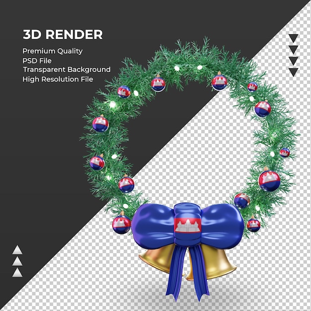 3d guirlanda de natal com vista frontal de renderização da bandeira do camboja