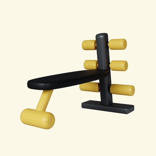 3d-gymnastikgeräte für gewichtsbänke fitness und gesundheit ikonen für trainingsgeräte auf gelbem hintergrund 3d-rendering-illustration abschnittspfad