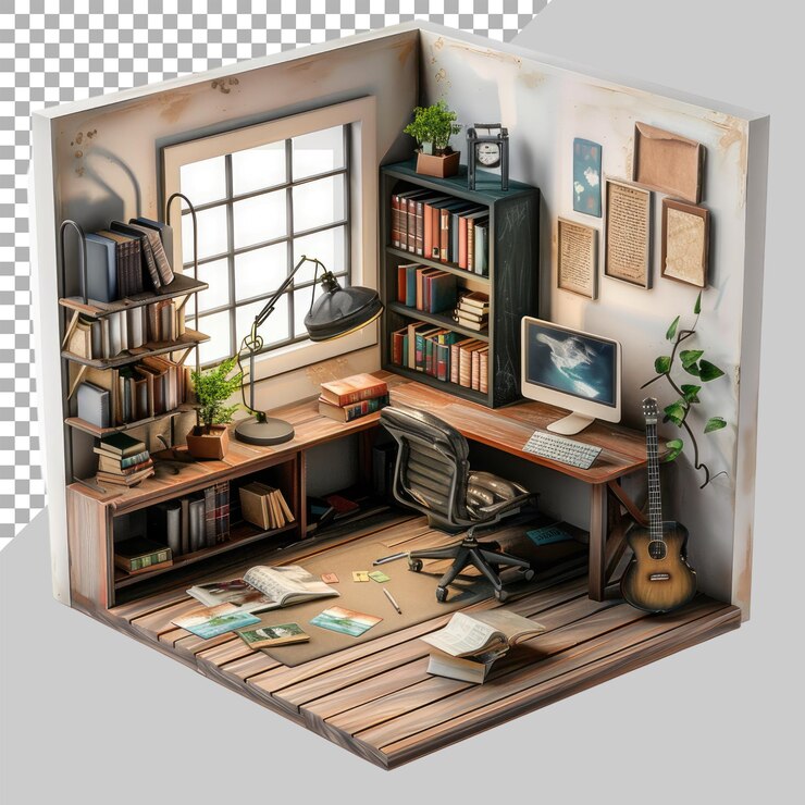 PSD 3d haciendo una pequeña oficina en casa realista sin fondo png