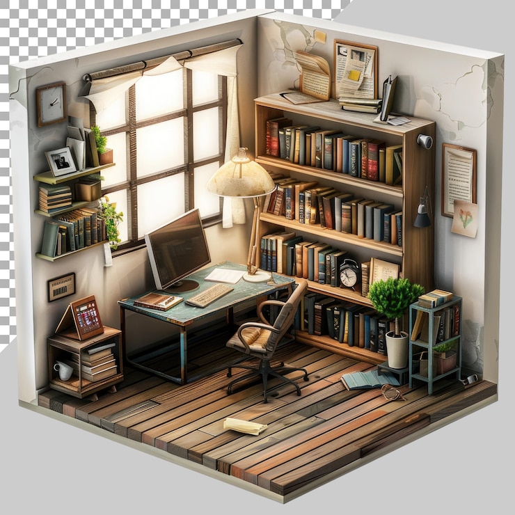 PSD 3d haciendo una pequeña oficina en casa realista sin fondo png