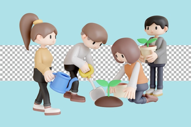 3d haciendo transparente un grupo de personas plantando árboles juntos