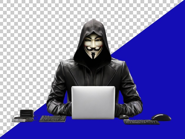 PSD 3d hacker anonyme hacker anonyme homme piratage sécurisé sur un fond transparent