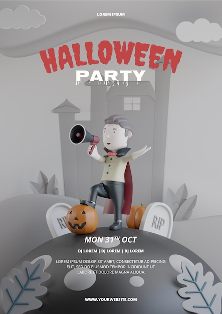 3D-Halloween-Flyer-Party mit süßem Dracula mit Megaphon 3D-Rendering