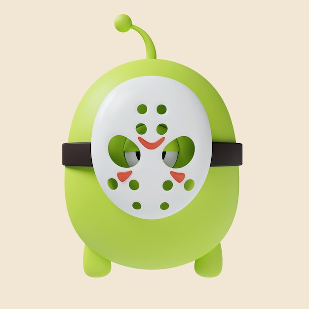 3D-Halloween-grünes Monster trägt eine Maske-Ikone. Traditionelles Dekorelement für Halloween-Ikone isoliert auf grauem Hintergrund. 3D-Rendering-Illustration. Beschneidungspfad