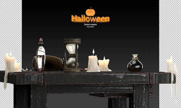 PSD 3d halloween prop velas de fusión botella de poción mágica libro viejo temporizador de arena sensorial viejo en la mesa vieja