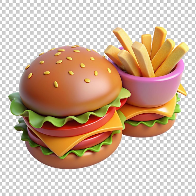 PSD 3d hamburguesas com papas fundo transparente