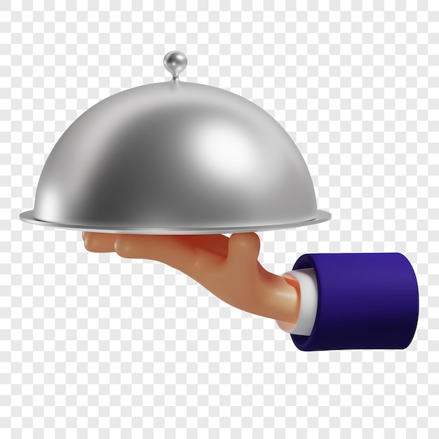 3D-Hand, die ein Gericht mit Deckel hält, das warme Gerichte serviert, isoliert 3D-Rendering