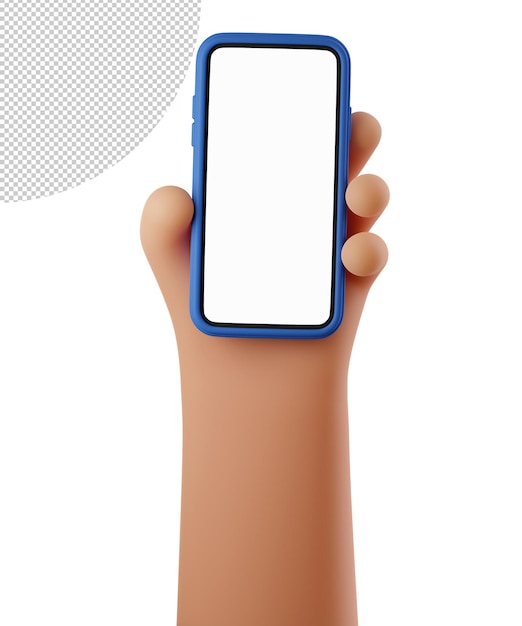 3D-Hand, die ein Mobiltelefon mit leerem Bildschirm hält. Cartoon-blaues Smartphone-Telefongerät-Mockup-Vorlage