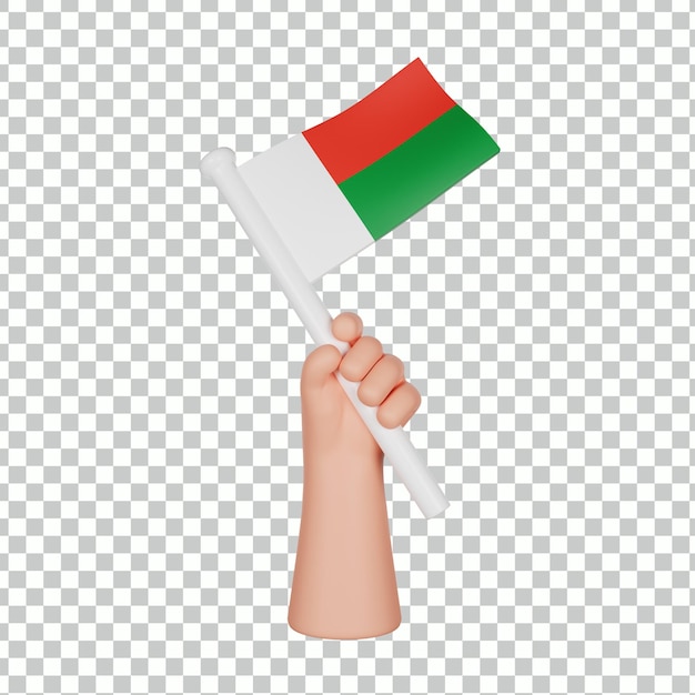 3d-hand, die eine flagge von madagaskar hält