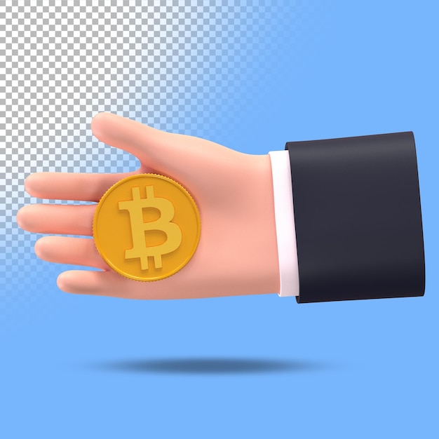 3D-Hand, die eine goldene Bitcoin-Münze hält. Dreidimensionale Darstellung.