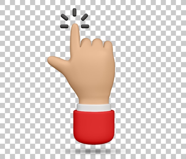 3D-Hand, die im roten Hemd zeigt und berührt. Zeichentrickfigur Handzeigegeste. Berühren oder klicken Sie