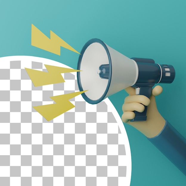 3D-Hand, die Megaphon und gelbe Beleuchtungsillustration mit blauem Hintergrund für Werbekonzept hält