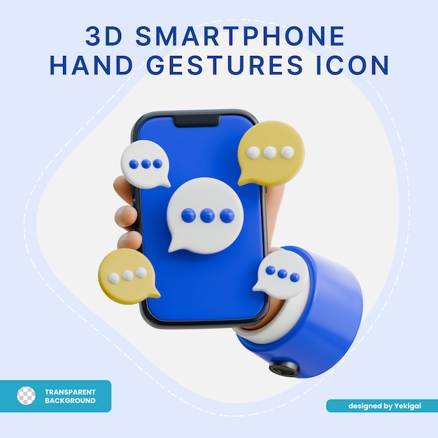 3D-Hand-Halten von Smartphone umgeben von Chat-Blasen-Ikonen