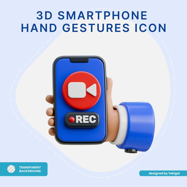 PSD 3d hand holding smartphone con un icono de cámara para grabar el icono