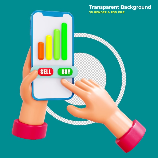 3D-Hand kommt aus dem Boden und drückt eine Kauftaste auf einem Handy mit einem steigenden Candlestick-Chart-Konzept des Handels, Kaufs und Verkaufs von Geschäftserfolgen und Kryptowährungen 3D-Rendering