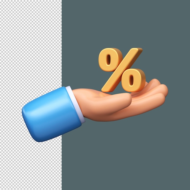 3d-Hand mit einem goldenen Zinssymbol Symbol für Finanzrabatt oder Mehrwertsteuer