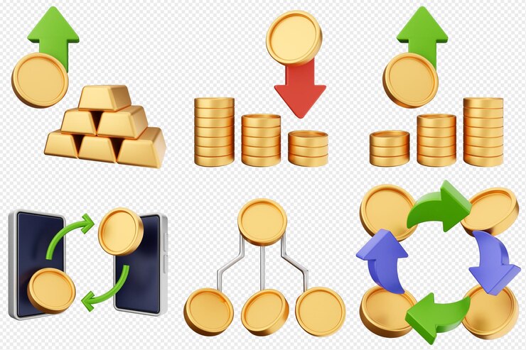 PSD 3d-handel mit geldtransaktionen, finanzierungen, ikonen von währungen, bündelillustration