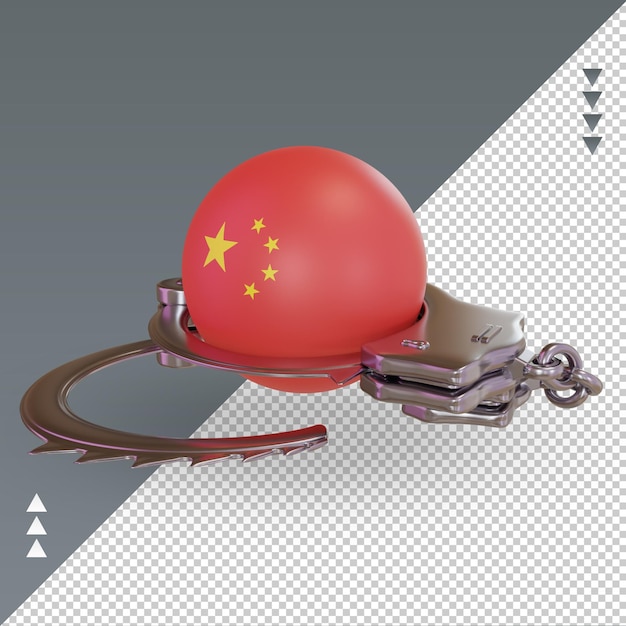 3d-handschellen china-flagge, die die rechte ansicht wiedergibt