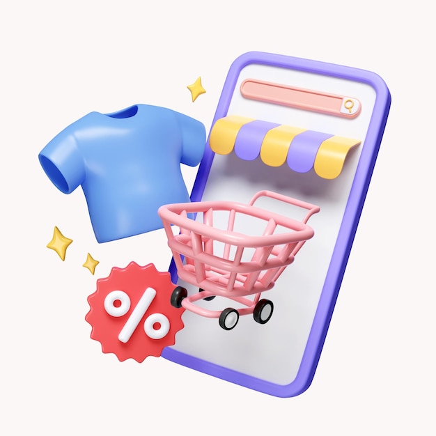 PSD 3d-handy mit preisschildern für den verkauf von online-einkaufswagen mit promotion-tag-rabatt-coupon-symbol isoliert auf weißem hintergrund 3d-rendering-illustration beschneidungspfad