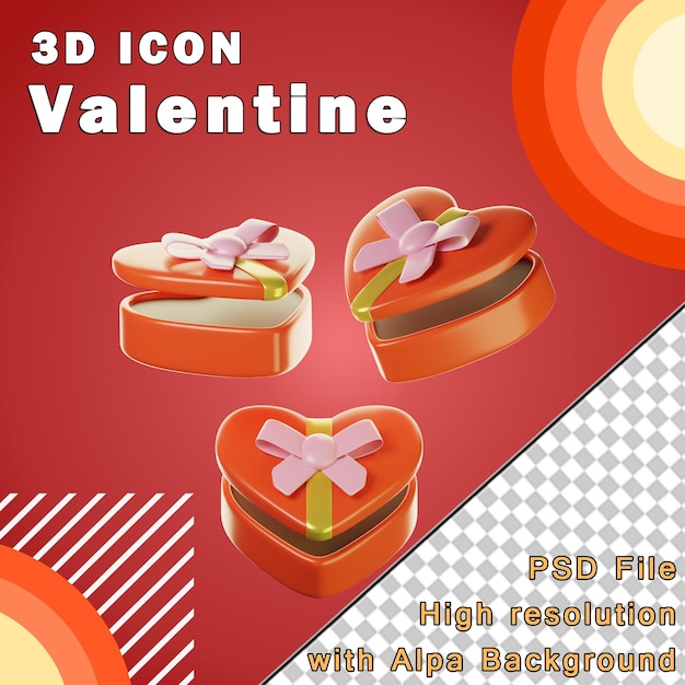 3d herzförmige geschenkbox zum valentinstag aus drei blickwinkeln isoliert auf transparentem hintergrund