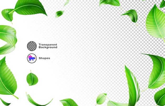 3D-Hintergrund mit grünem Blatt, das fällt und in der Luft fliegt. Natur-Eco-Bannerrahmen mit frischem Laub. Dekorativer Verkaufsrand von Minz- oder Teeblättern mit weißem Leerraum-Mockup.