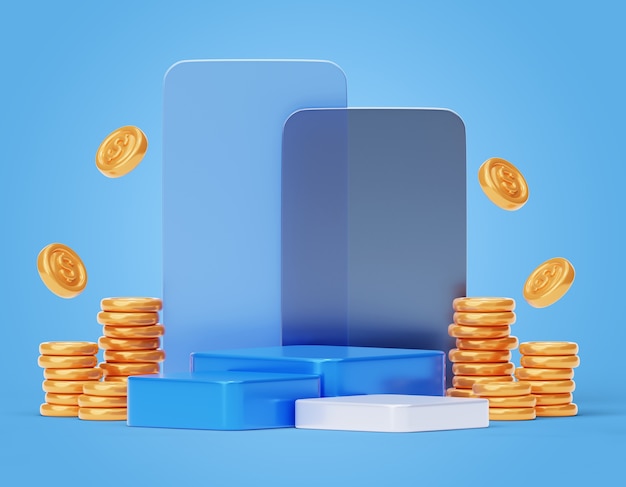3D-Hintergrund mit Podium und goldenen Münzen