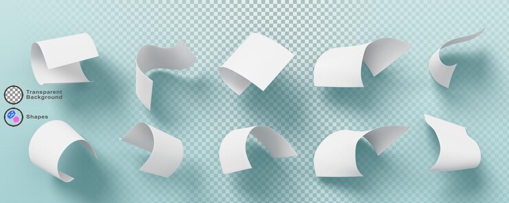 PSD 3d hoja de papel blanco volando en el aire aislado conjunto de iconos de renderización página de documento de caída en fondo azul pieza de papeleo de oficina de maqueta realista cayendo curl a4 dispersarse en el viento