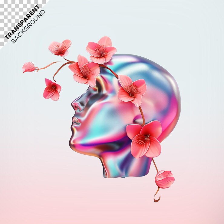 PSD 3d holographic head and flowers ilustration