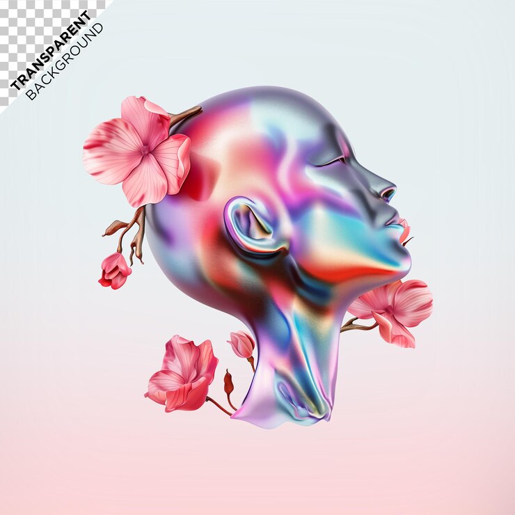 PSD 3d holographic head and flowers ilustration