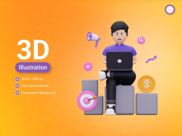 PSD 3d hombre haciendo ilustración de marketing en línea