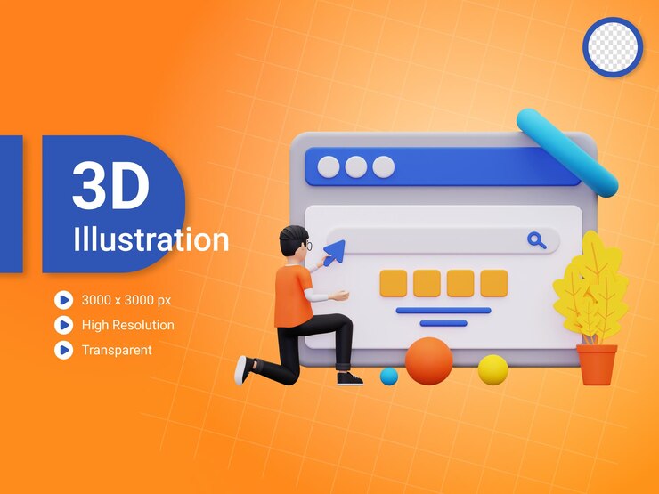 PSD 3d hombre haciendo ilustración de navegación web