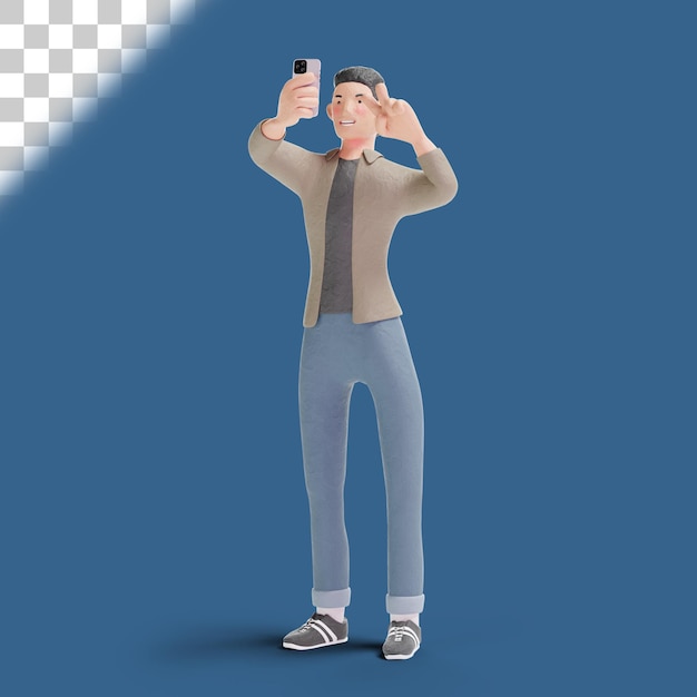 3d, hombre joven, selfie, con, paz, señal de mano