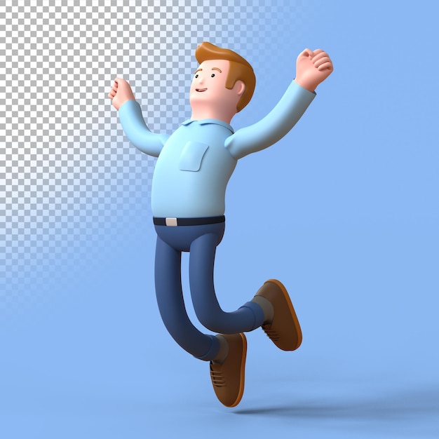 3d de hombre saltando con ambas manos levantadas en señal de emoción