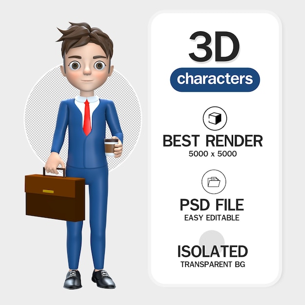 PSD 3d homme dessin animé personnage homme d'affaires en costume rendre isolé homme d'affaires confiant avec café