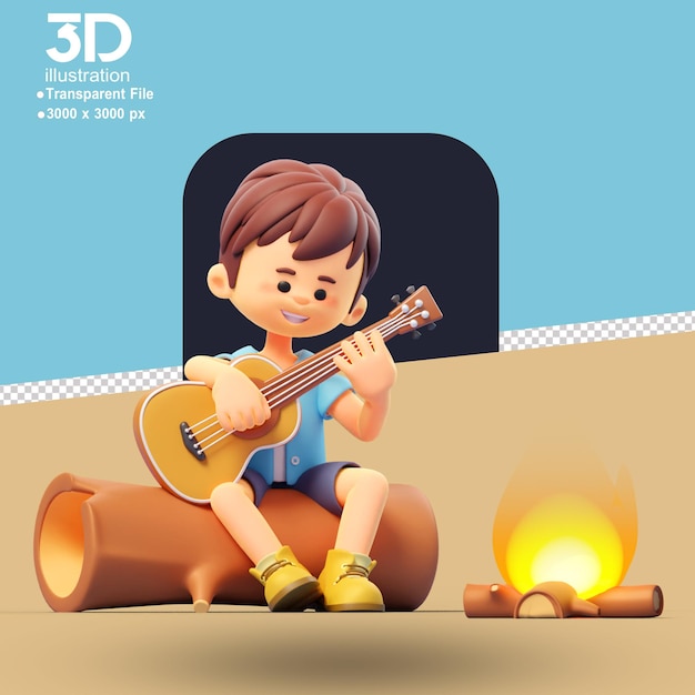 PSD 3d homme voyage personnage 3d feu de camp sur un fond isolé