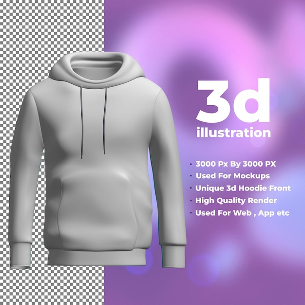 3D-Hoodie-Frontillustration mit hochwertigem Rendering für Mockup