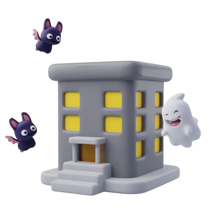 PSD 3d de hotel con fantasma y murciélago hotel abandonado