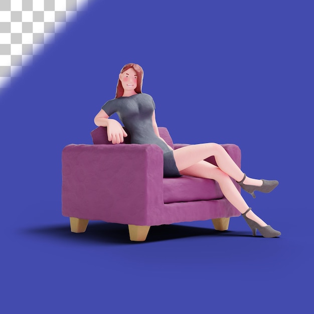 3d hübsche frau im kleid sitzt auf dem sofa