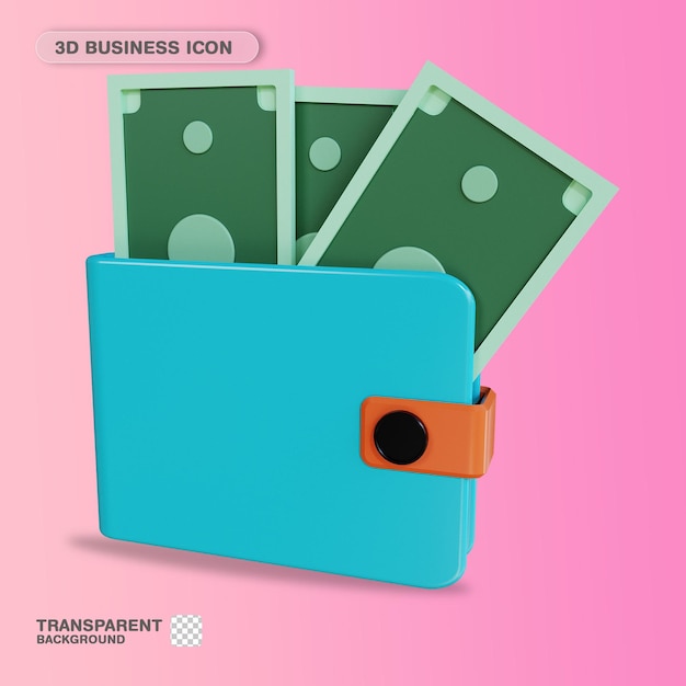 PSD 3d icon business wallet y dollar money para el sitio web página de inicio banner fuente de marketing